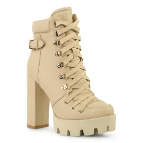 Collared Lace Up Combat Boots in Beige