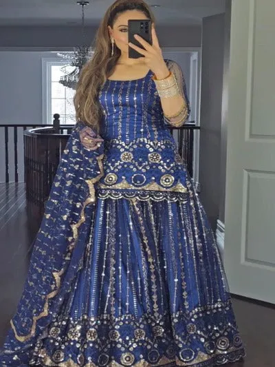 Dark Blue Georgette Sequence Work Stitched Lehenga Choli Set