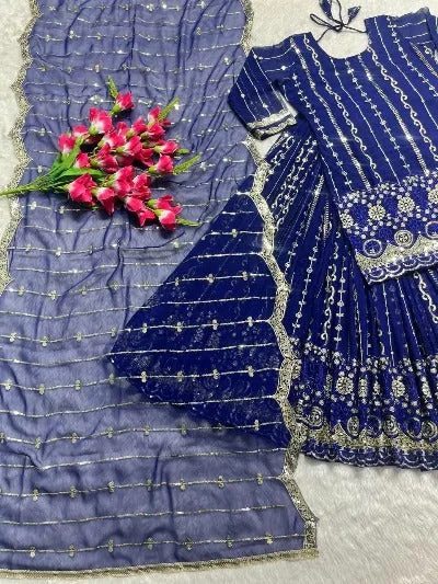 Dark Blue Georgette Sequence Work Stitched Lehenga Choli Set