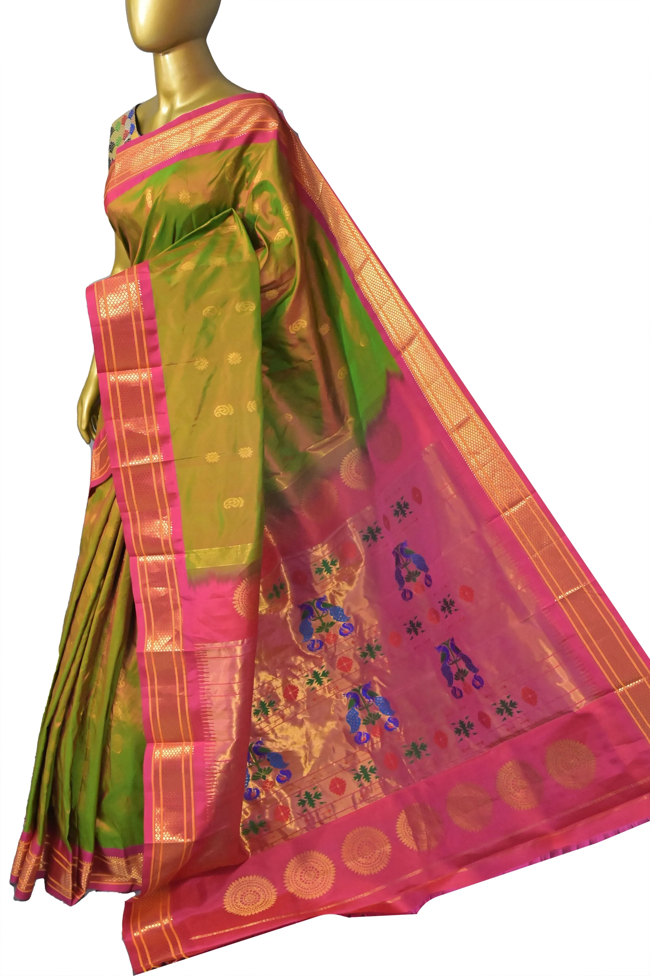 Dual Tone Green and Magenta Color Pure Maharani Paithani Silk Saree