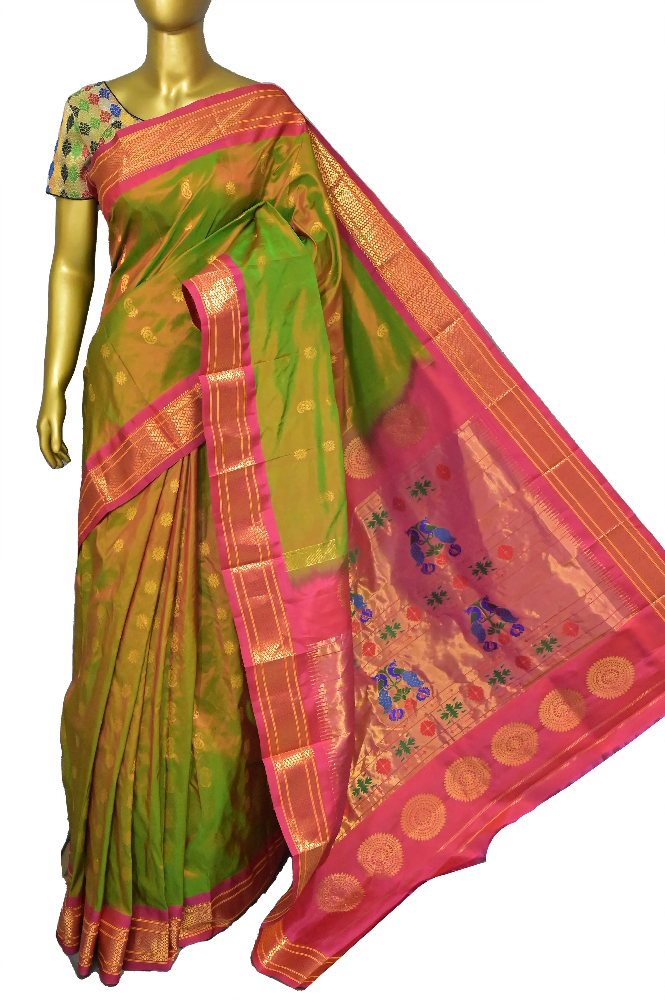 Dual Tone Green and Magenta Color Pure Maharani Paithani Silk Saree