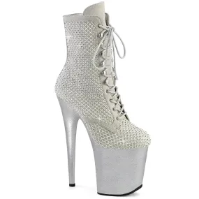 FLAMINGO-1020RM Pleaser Silver Rhinstone Lace Up Front Ankle Boots