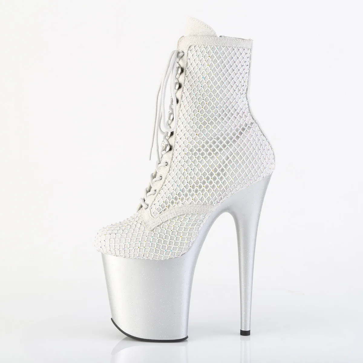 FLAMINGO-1020RM Pleaser Silver Rhinstone Lace Up Front Ankle Boots
