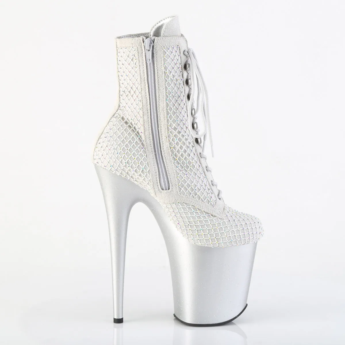 FLAMINGO-1020RM Pleaser Silver Rhinstone Lace Up Front Ankle Boots