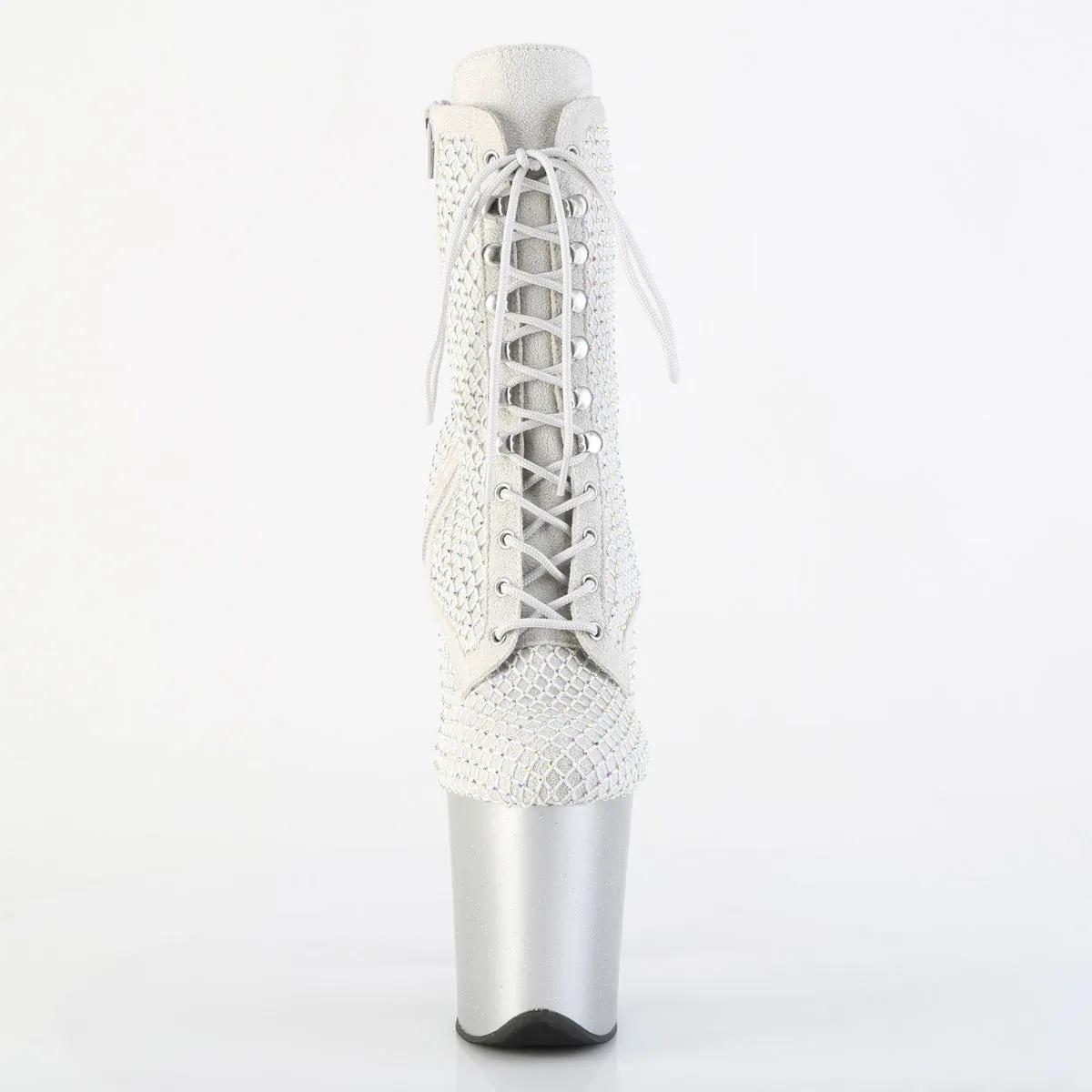 FLAMINGO-1020RM Pleaser Silver Rhinstone Lace Up Front Ankle Boots