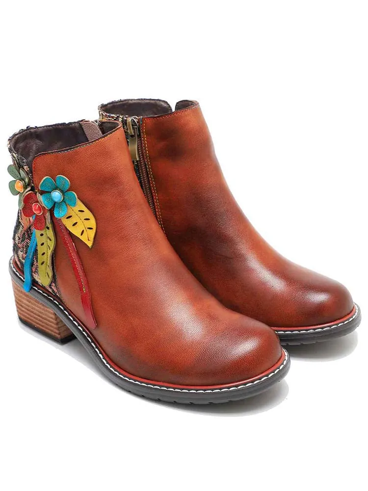 Handmade Floral Leather Flat Ankle Boots