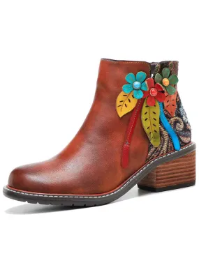 Handmade Floral Leather Flat Ankle Boots