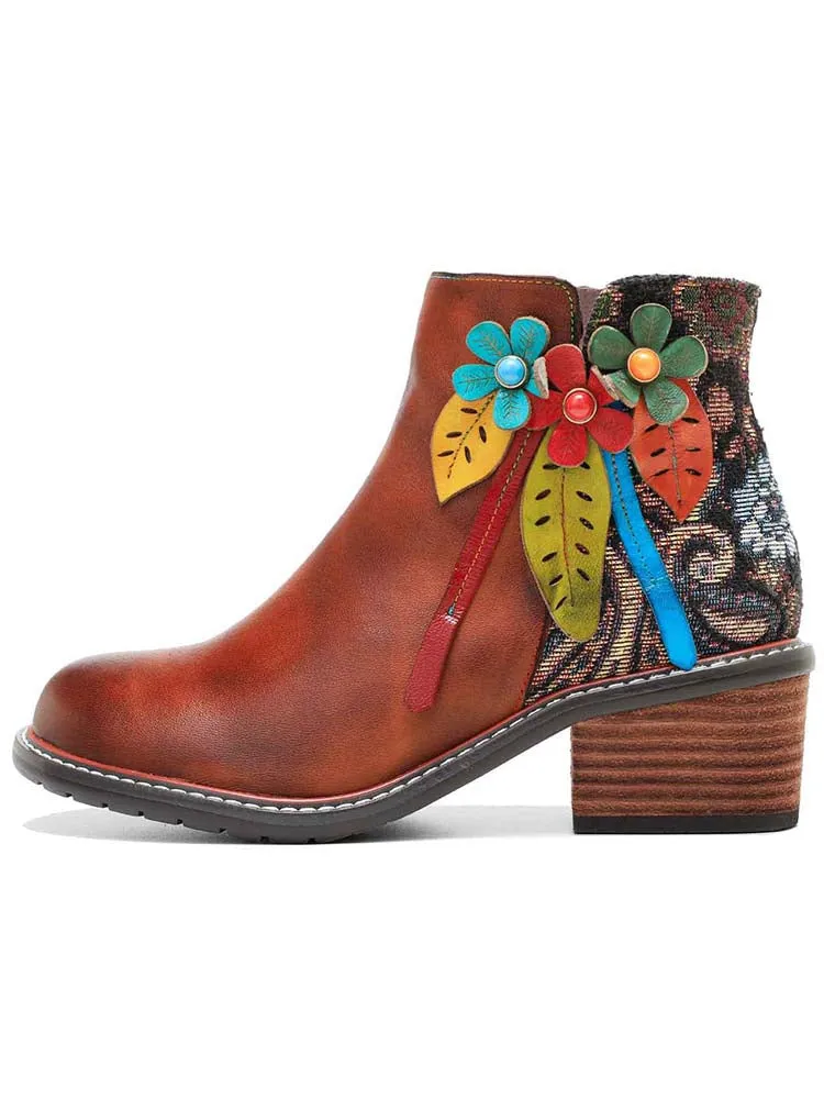 Handmade Floral Leather Flat Ankle Boots