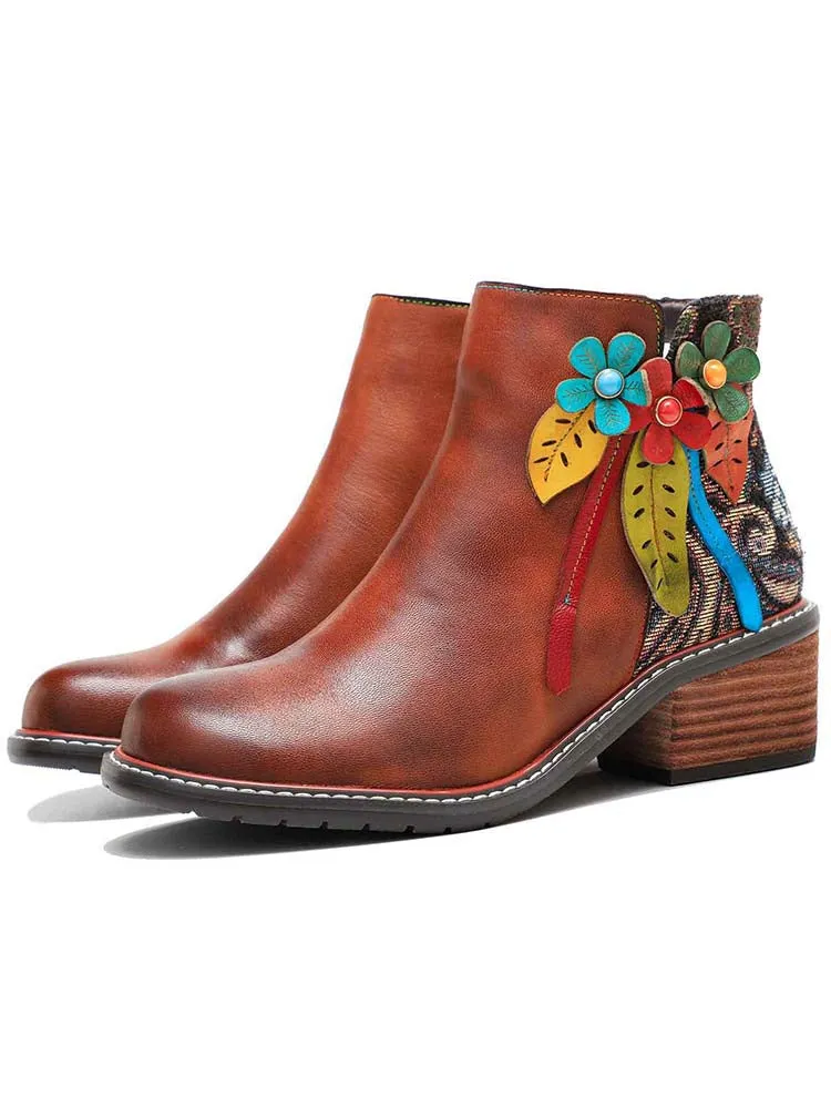Handmade Floral Leather Flat Ankle Boots