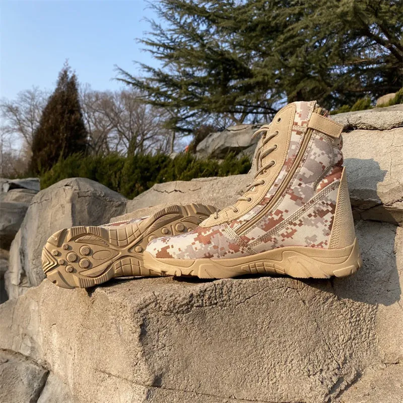 Men's camo tactical boots combat boots with side zipper High cut desert boots