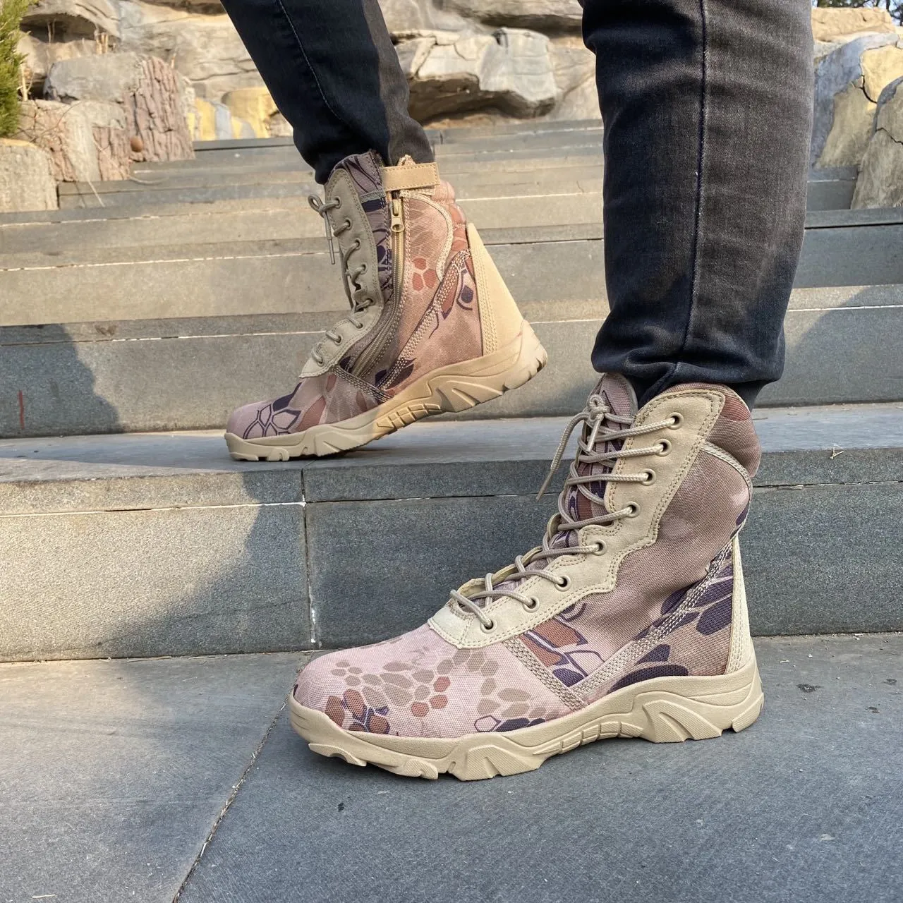 Men's camo tactical boots combat boots with side zipper High cut desert boots