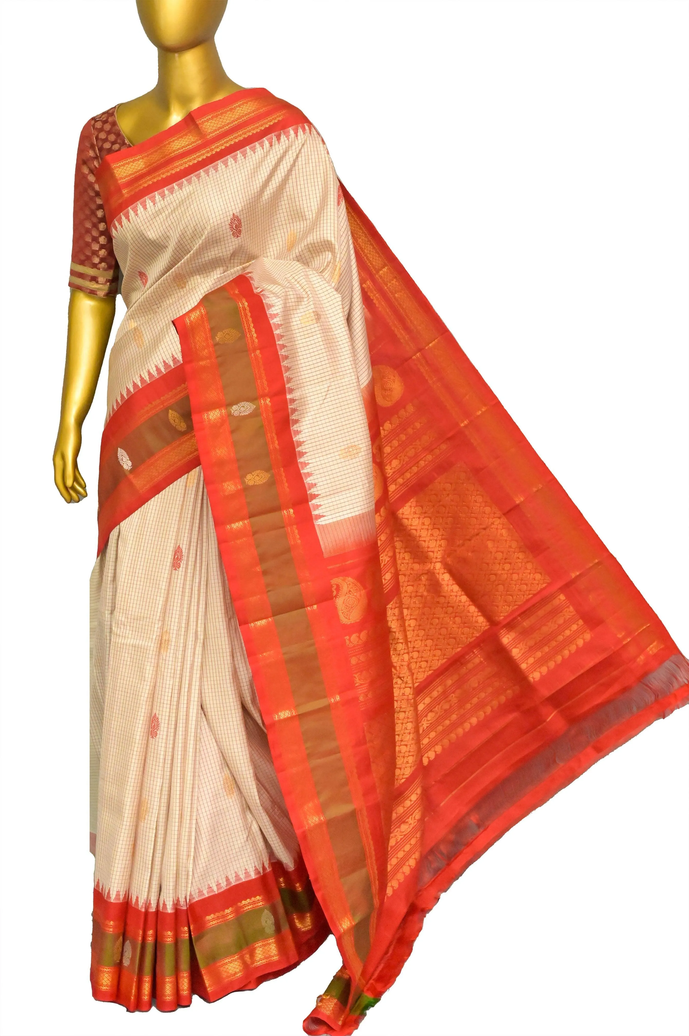 Offwhite and Red Color Gadwal Silk Saree with Small Graph Checks and Buti Work