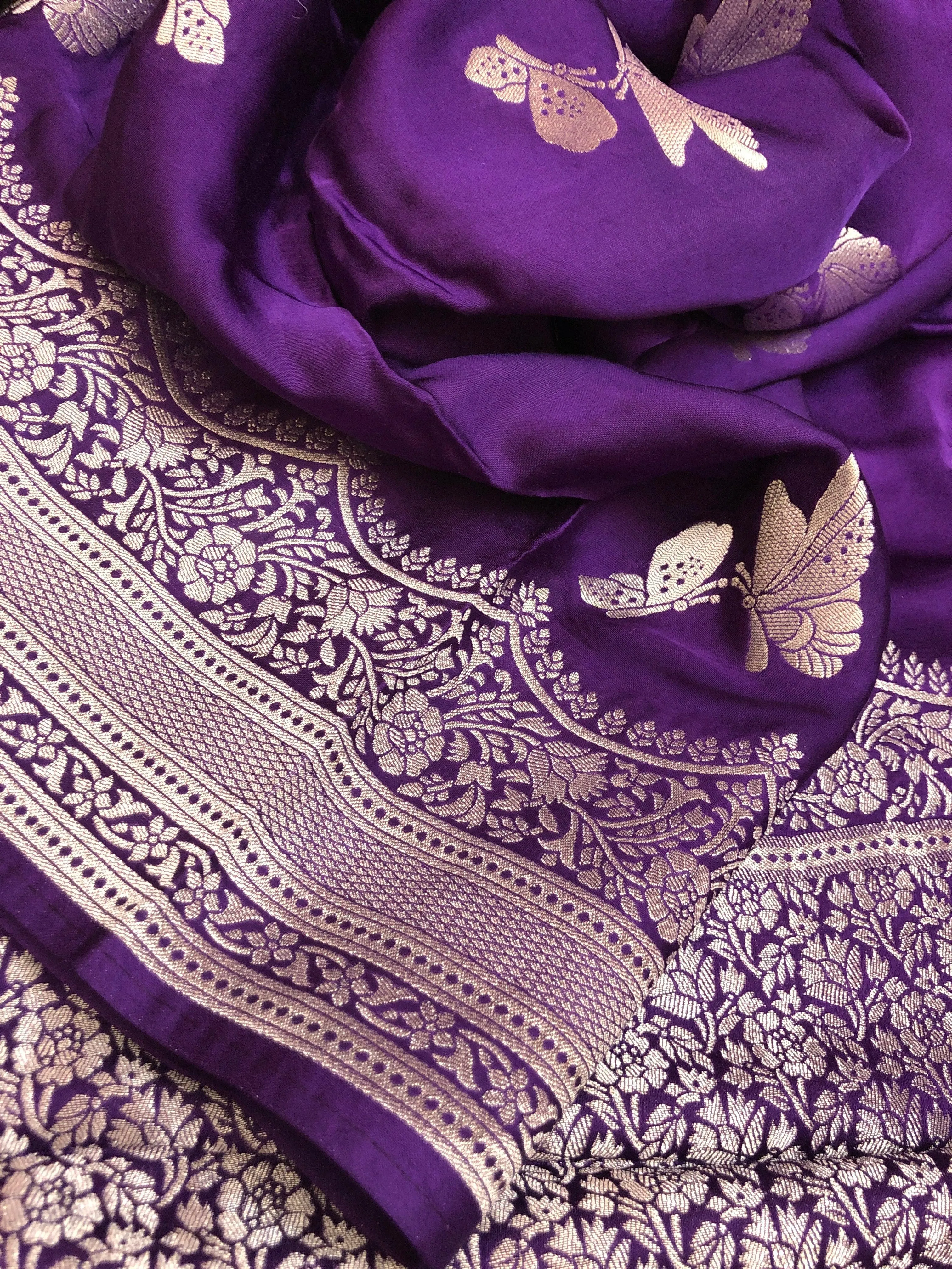 Violet Color Satin Banarasi Saree with Silver Zari Work