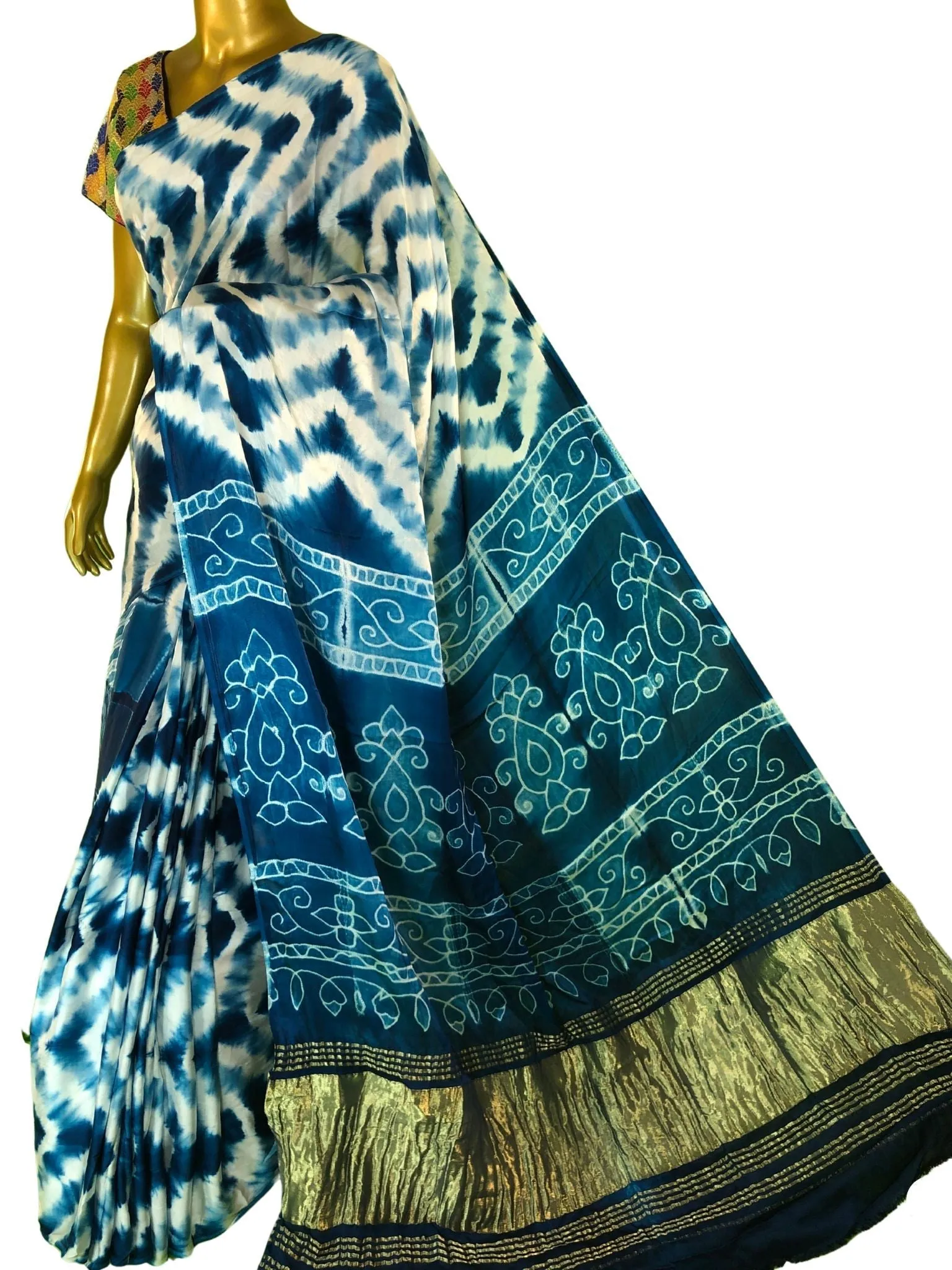White & Blue Color Modal Silk Saree with Tie-Dye &Zari Work