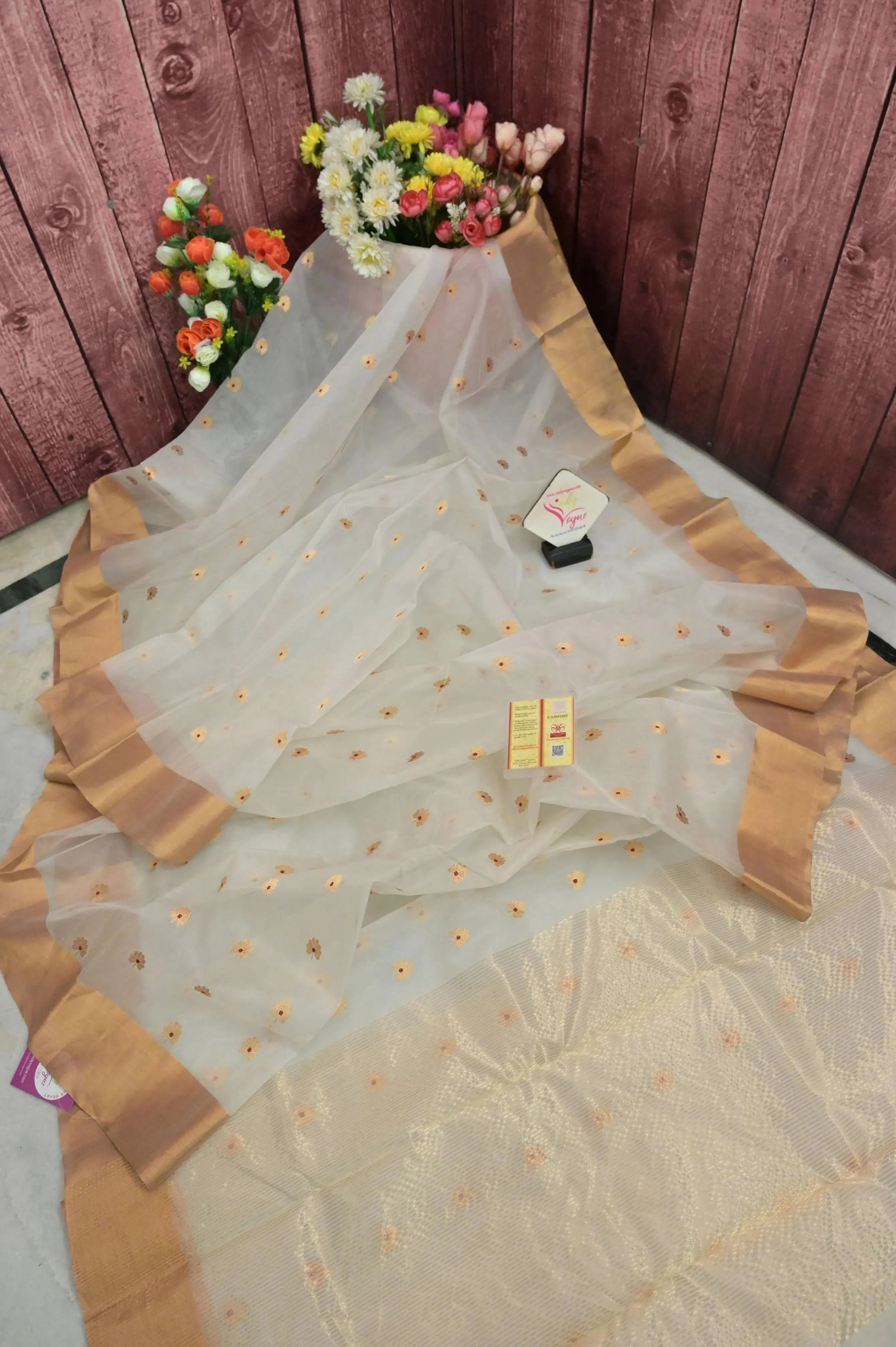 White Color Pure Chanderi Banarasi Saree with Golden Meenakari Butta Work
