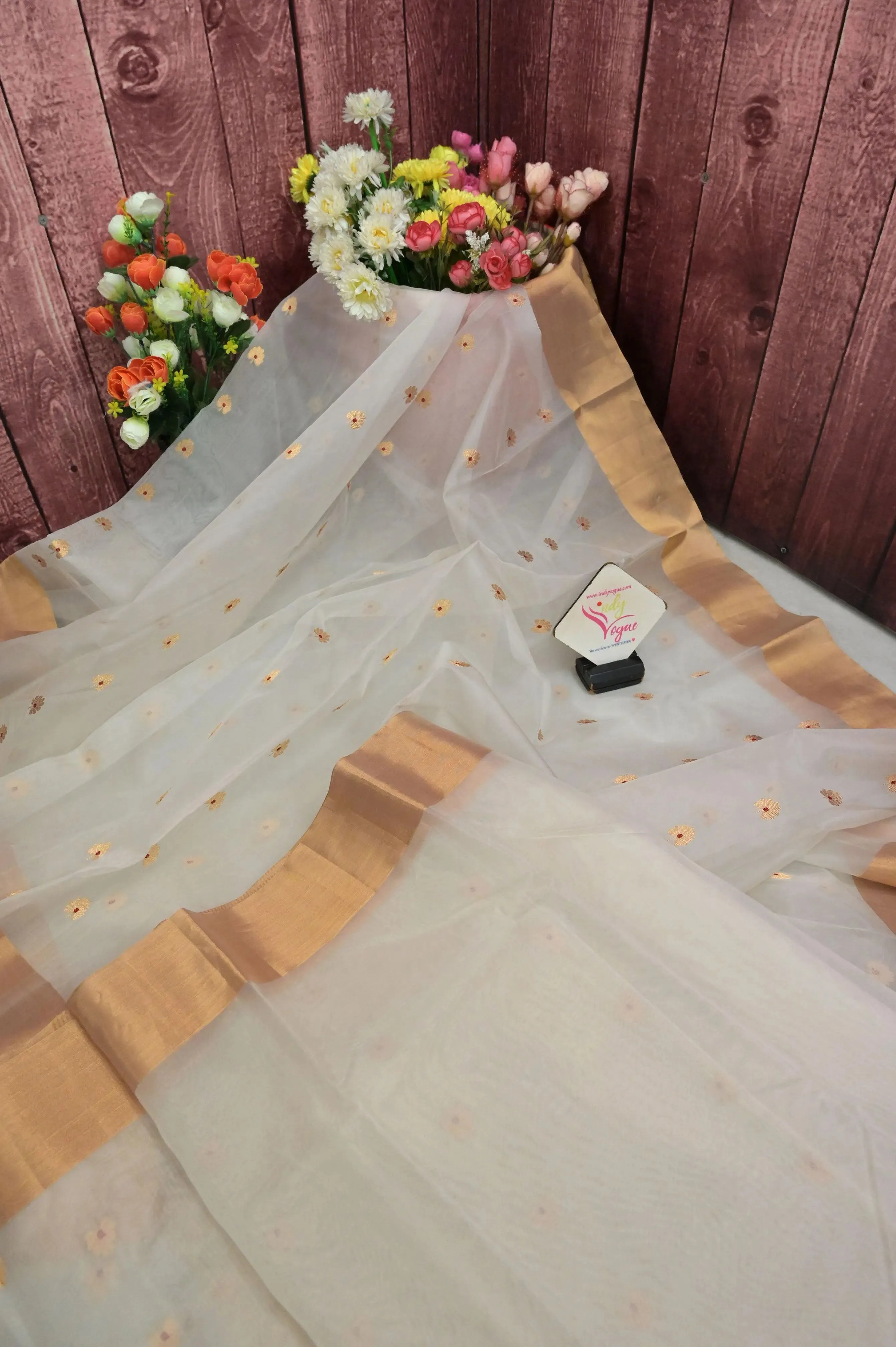White Color Pure Chanderi Banarasi Saree with Golden Meenakari Butta Work