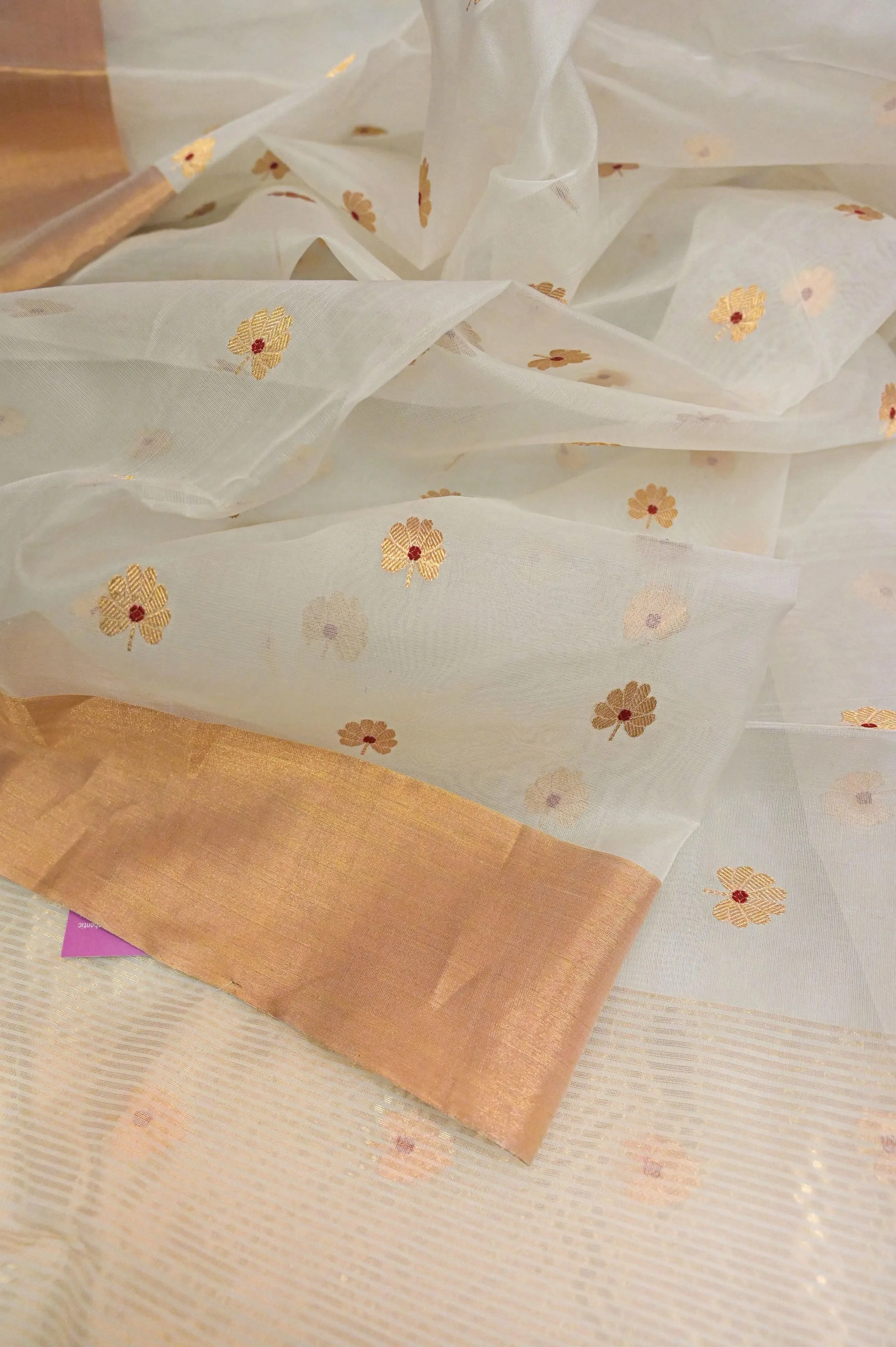 White Color Pure Chanderi Banarasi Saree with Golden Meenakari Butta Work