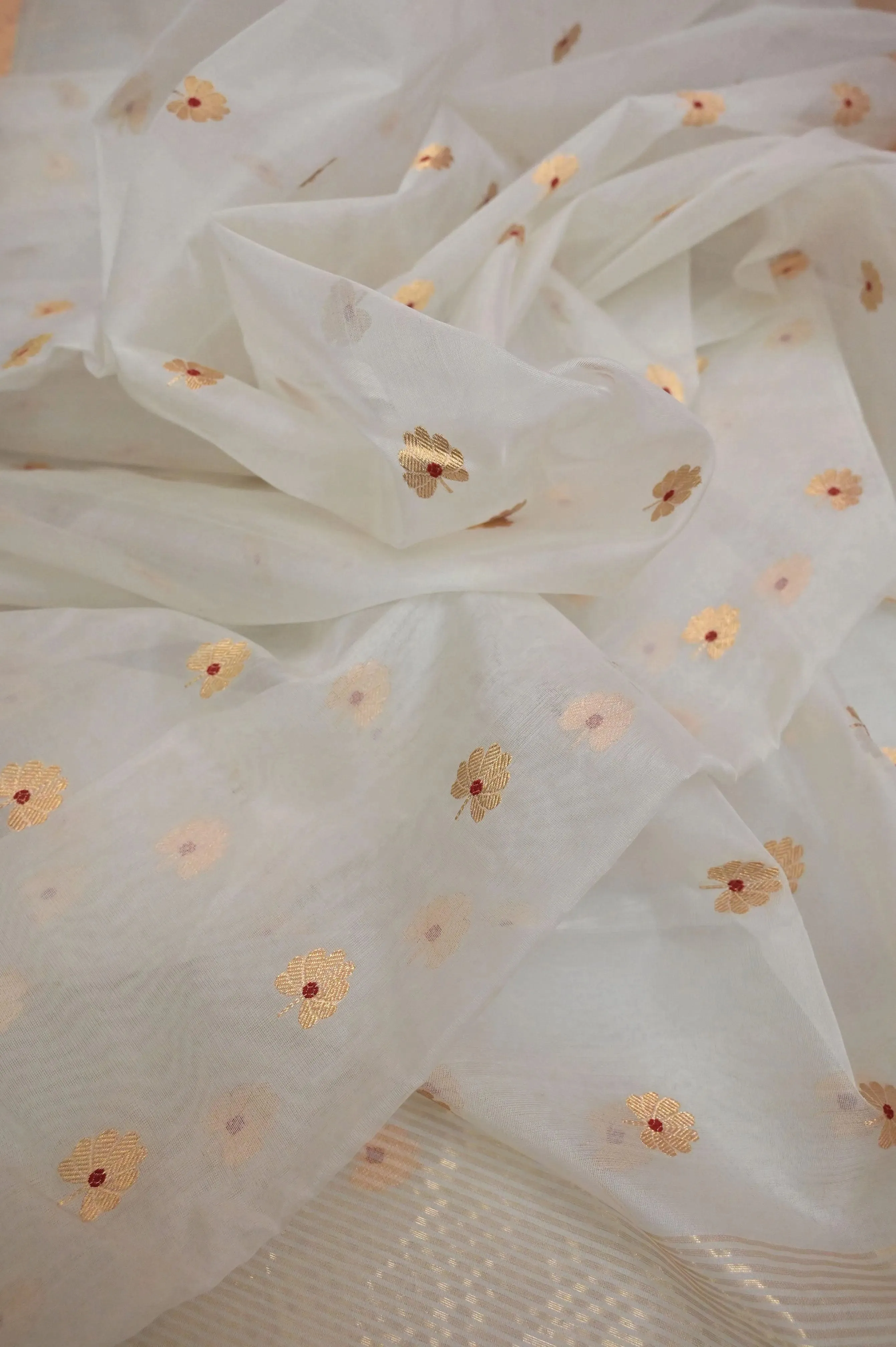 White Color Pure Chanderi Banarasi Saree with Golden Meenakari Butta Work