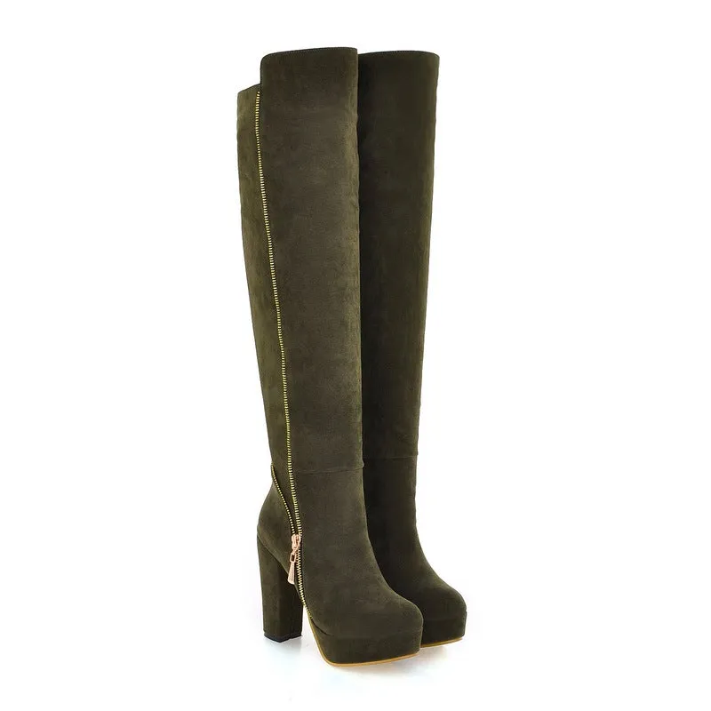 Women's faux seude chunky high heels over the knee boots platform tall boots