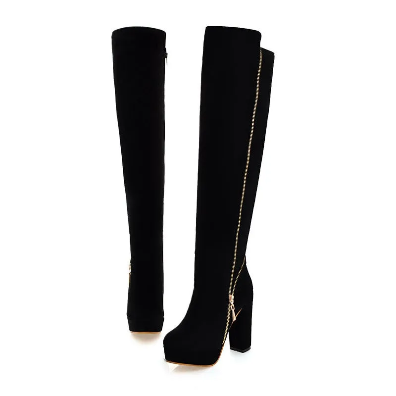 Women's faux seude chunky high heels over the knee boots platform tall boots