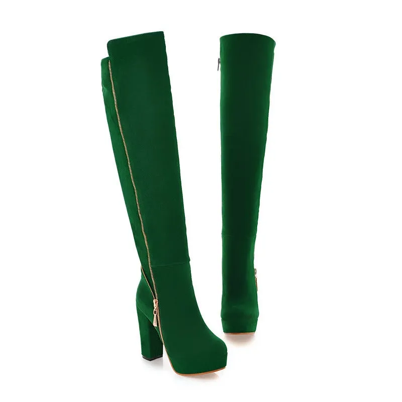 Women's faux seude chunky high heels over the knee boots platform tall boots