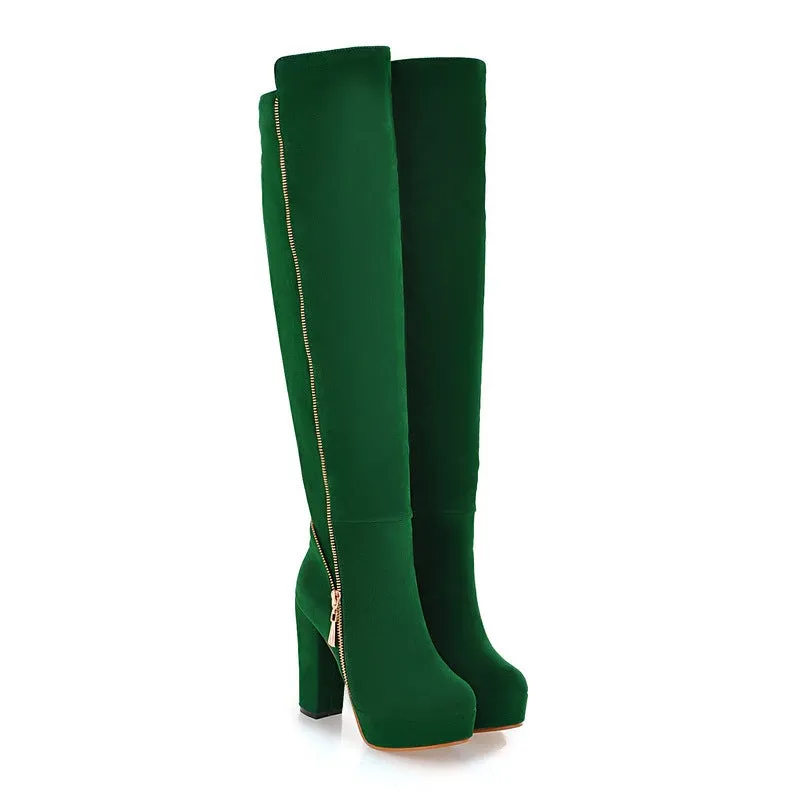 Women's faux seude chunky high heels over the knee boots platform tall boots