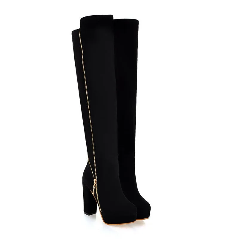 Women's faux seude chunky high heels over the knee boots platform tall boots