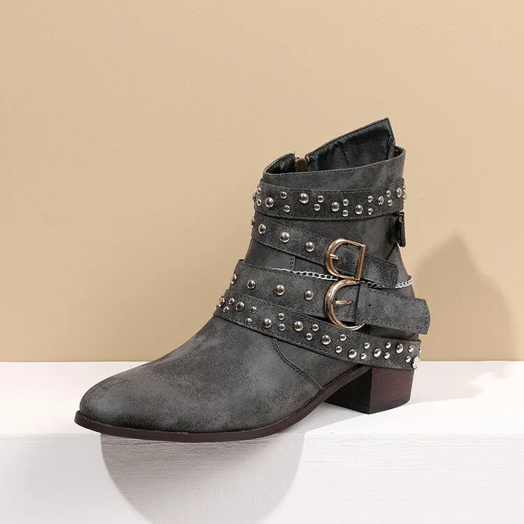 Women's Rivets Buckle Straps Side Zippers Puppy Heel Cowboy Short Boots