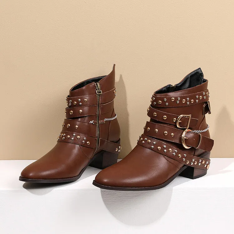Women's Rivets Buckle Straps Side Zippers Puppy Heel Cowboy Short Boots