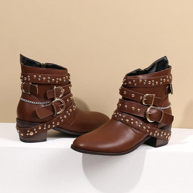 Women's Rivets Buckle Straps Side Zippers Puppy Heel Cowboy Short Boots